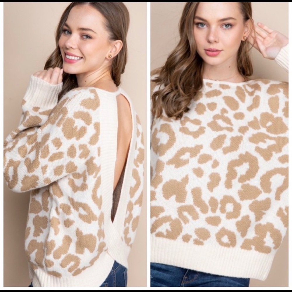 NWOT Blue B tan and cream open back leopard sweater - Picture 2 of 6